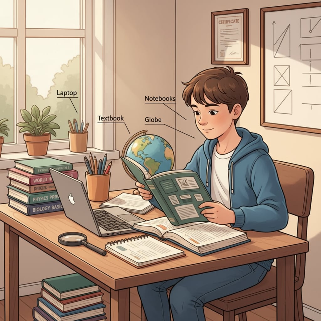 A young student is sitting at a desk in a quiet room, surrounded by books and a laptop, deeply engaged in independent study. A student studying independently at home in the context of lecture attendance, concentration, and self-directed learning