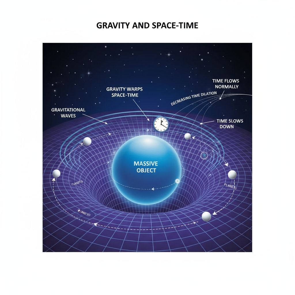 A simple illustration depicting how gravity warps the fabric of space-time, which in turn affects the flow of time. Illustration of how gravity impacts the flow of time, showing time bending.