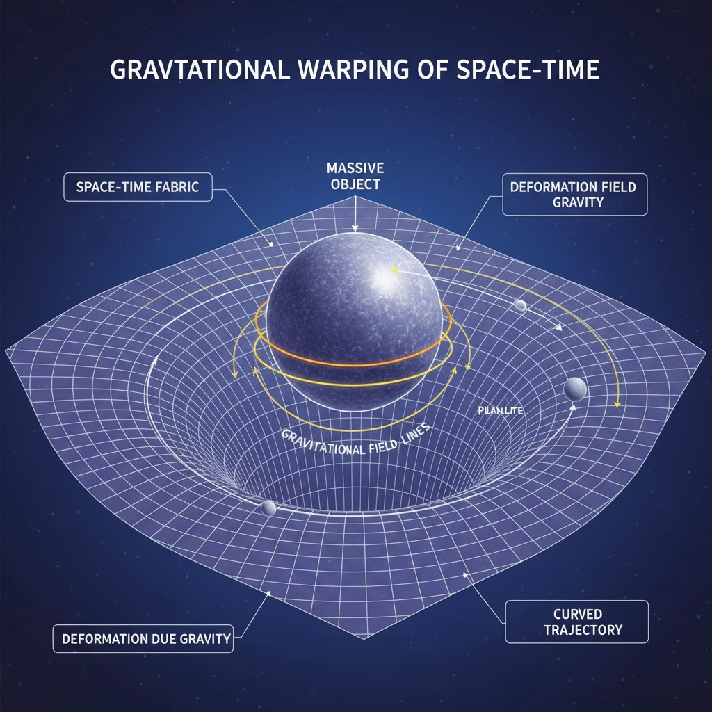 A diagram that shows a massive object causing a significant warp in the space-time continuum due to its gravitational pull. Diagram showing the warping of space-time by gravity and its relation to time flow.