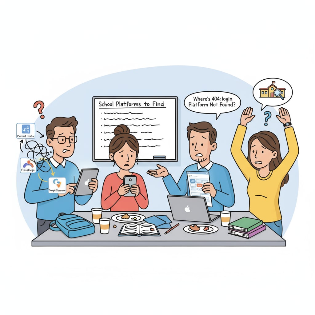 A group of parents looking confused at their digital devices while trying to find school platforms Parents struggling to identify school platforms among various digital options