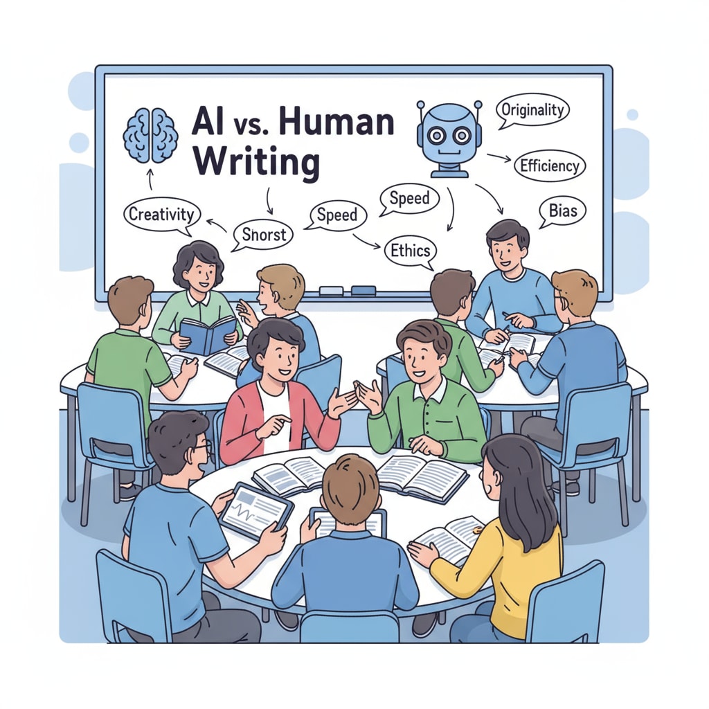 A classroom scene where students are engaged in discussing AI and human writing. Students are sitting in groups, looking at written materials, and having animated discussions. Classroom discussion on differentiating AI and human writing in the context of AI writing, authenticity, writing style, and teaching methods