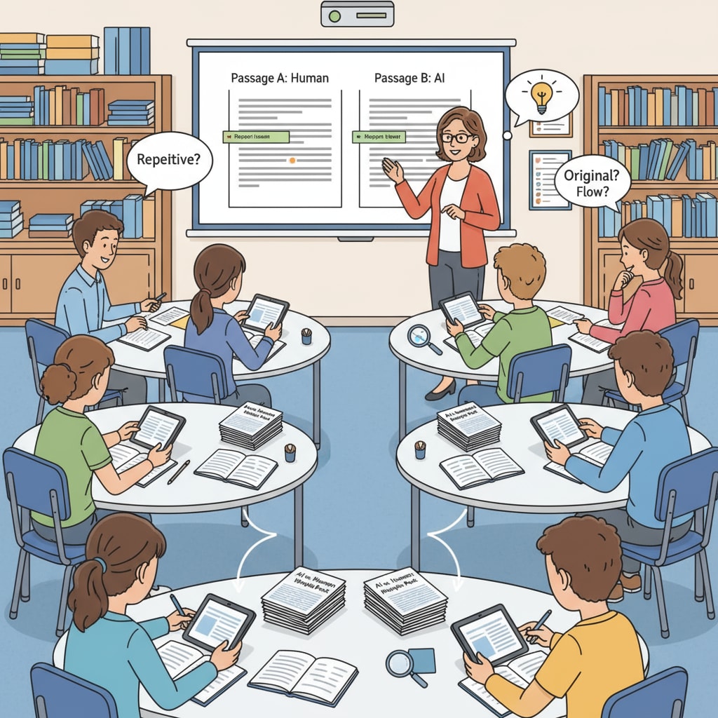 Students examining written texts to identify AI and human writing. They are carefully reading the texts, making notes, and comparing different passages. Students analyzing written texts for AI and human writing characteristics related to AI writing, authenticity, writing style, and teaching methods