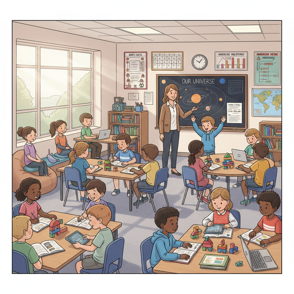 A classroom scene in an American K12 school showing students and teacher engaged in learning activities. Classroom scene in American K12 school related to cultural defects and awareness in education