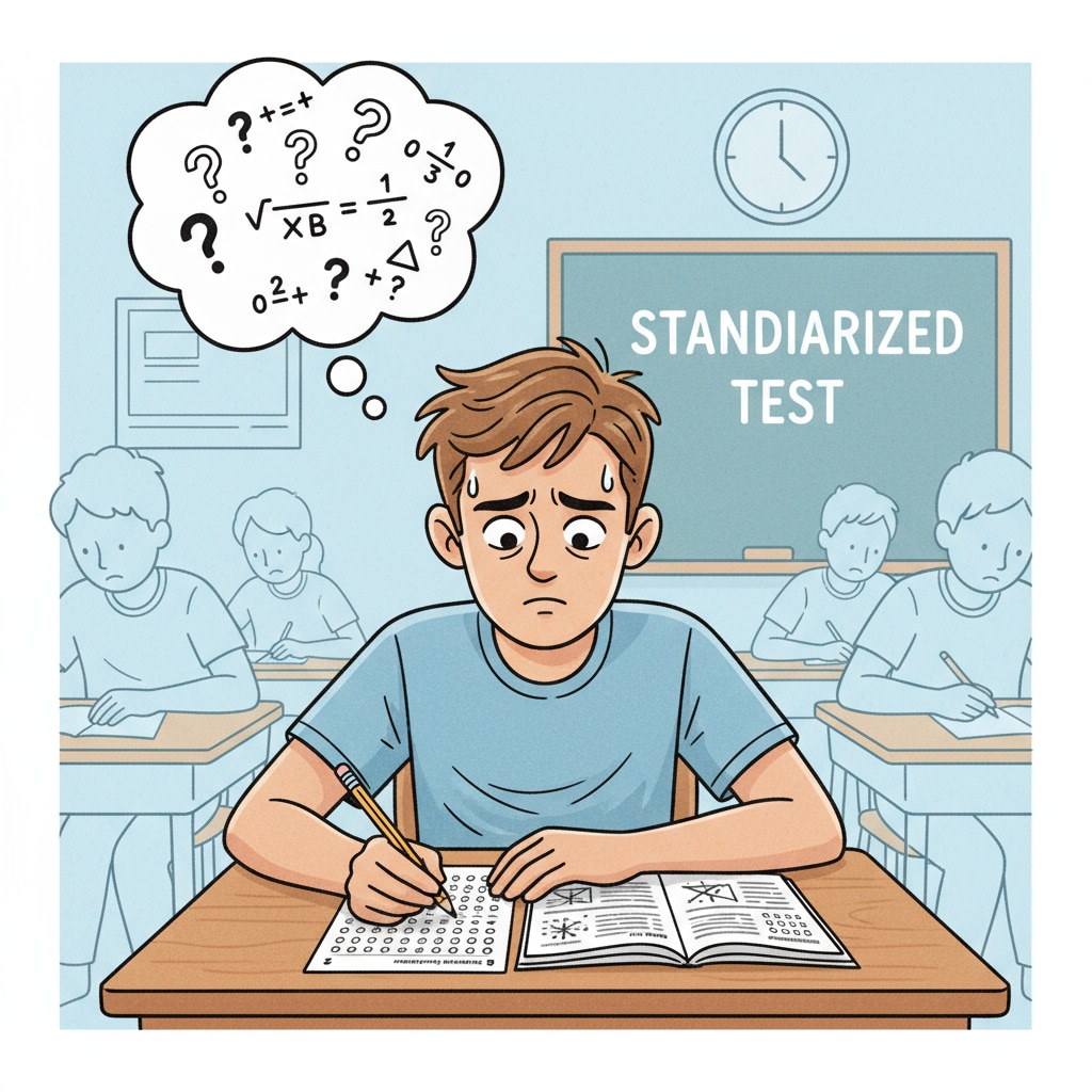 A student sitting at a desk, taking a standardized test with a worried expression. Student taking standardized test in American K12 school highlighting cultural issues