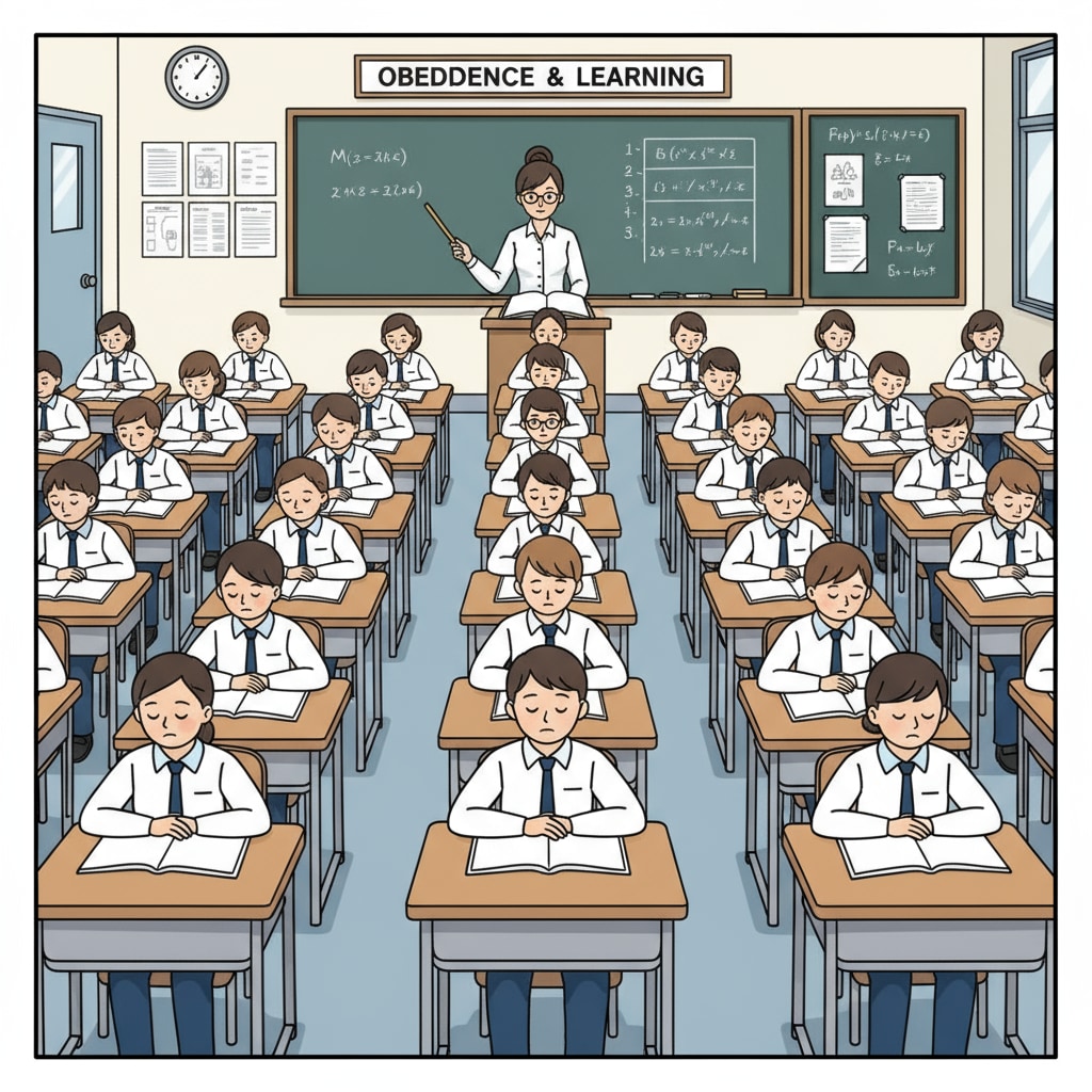 A classroom scene depicts students sitting upright in整齐 rows, with a teacher standing at the front. Everyone is following the rules, representing the obedience culture in K12 education. Classroom scene showing obedience culture in K12 education
