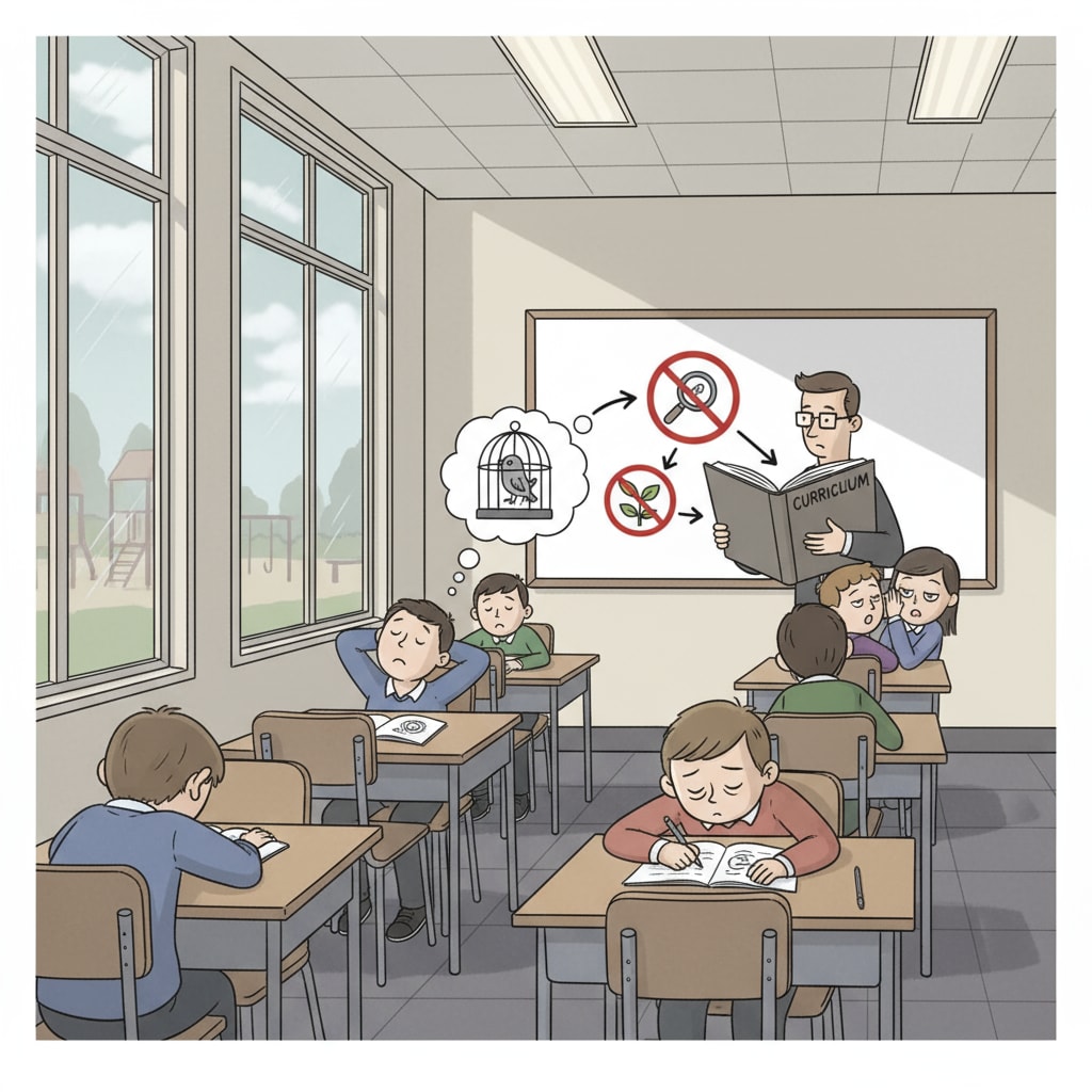 A group of students in a classroom are looking uninterested, with their heads down or looking out of the window, indicating the suppression of curiosity in K12 education. Students showing boredom due to suppressed curiosity in K12 education