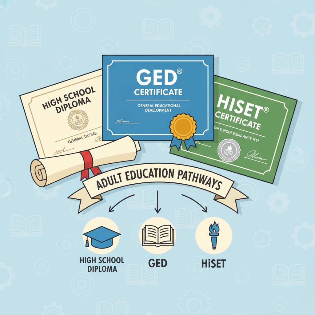 An image showing a person looking at different educational certificates, with high school diploma, GED, and HiSet certificates in the frame. This visual represents the choices in adult education. A person examining high school diploma, GED, and HiSet certificates in adult education context