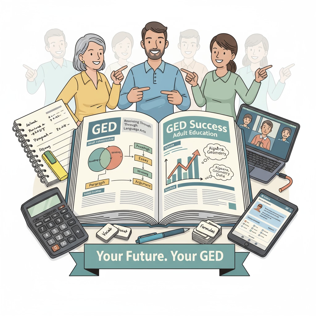 A close-up image of a GED test preparation book with relevant study materials. This shows the tools for preparing for the GED in adult education. A close-up of GED test preparation materials in the context of adult education