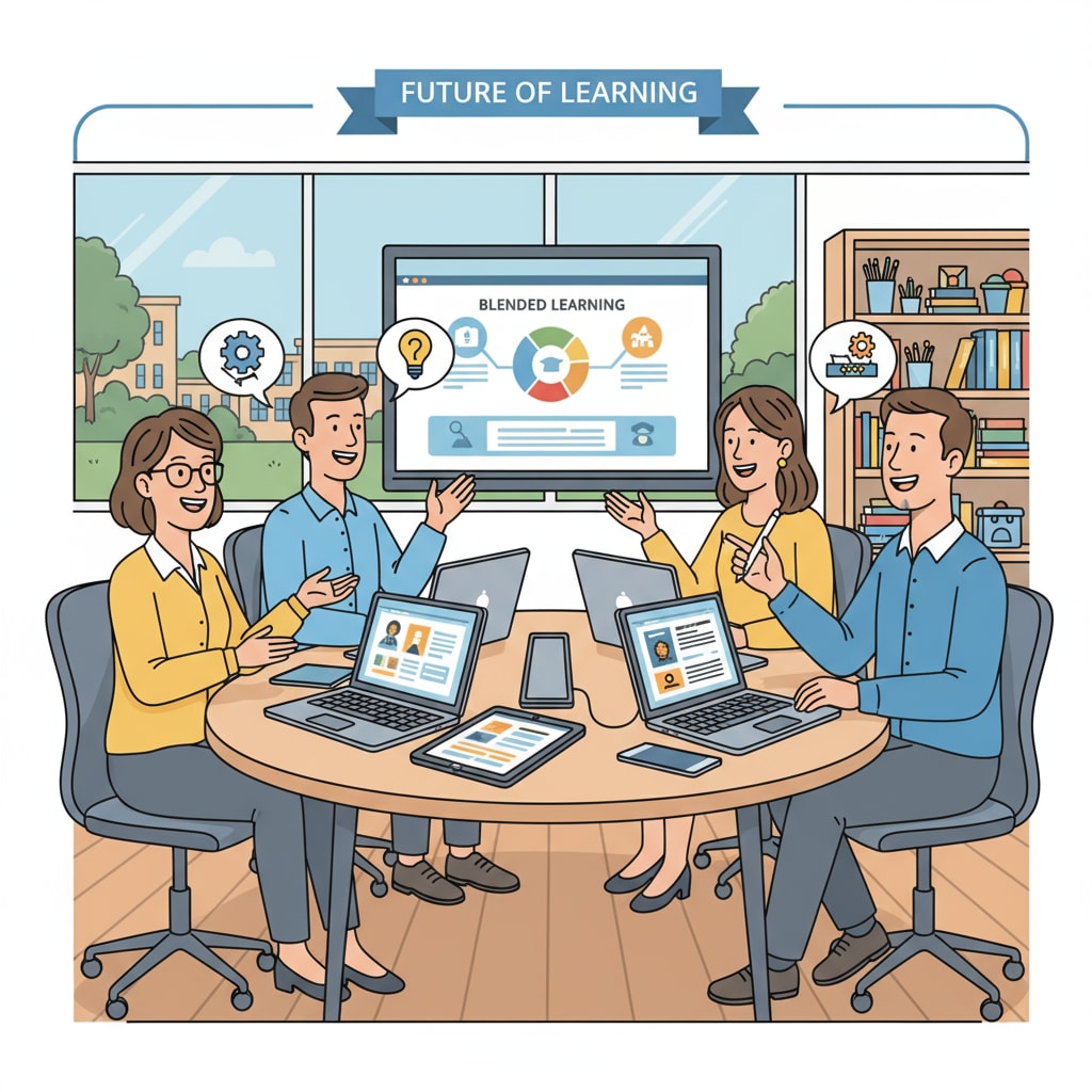 A group of K12 teachers are engaged in a lively discussion around a table in a modern classroom setting, with laptops and educational technology tools on display. K12 teachers discussing educational technology tools for resource acquisition and professional development