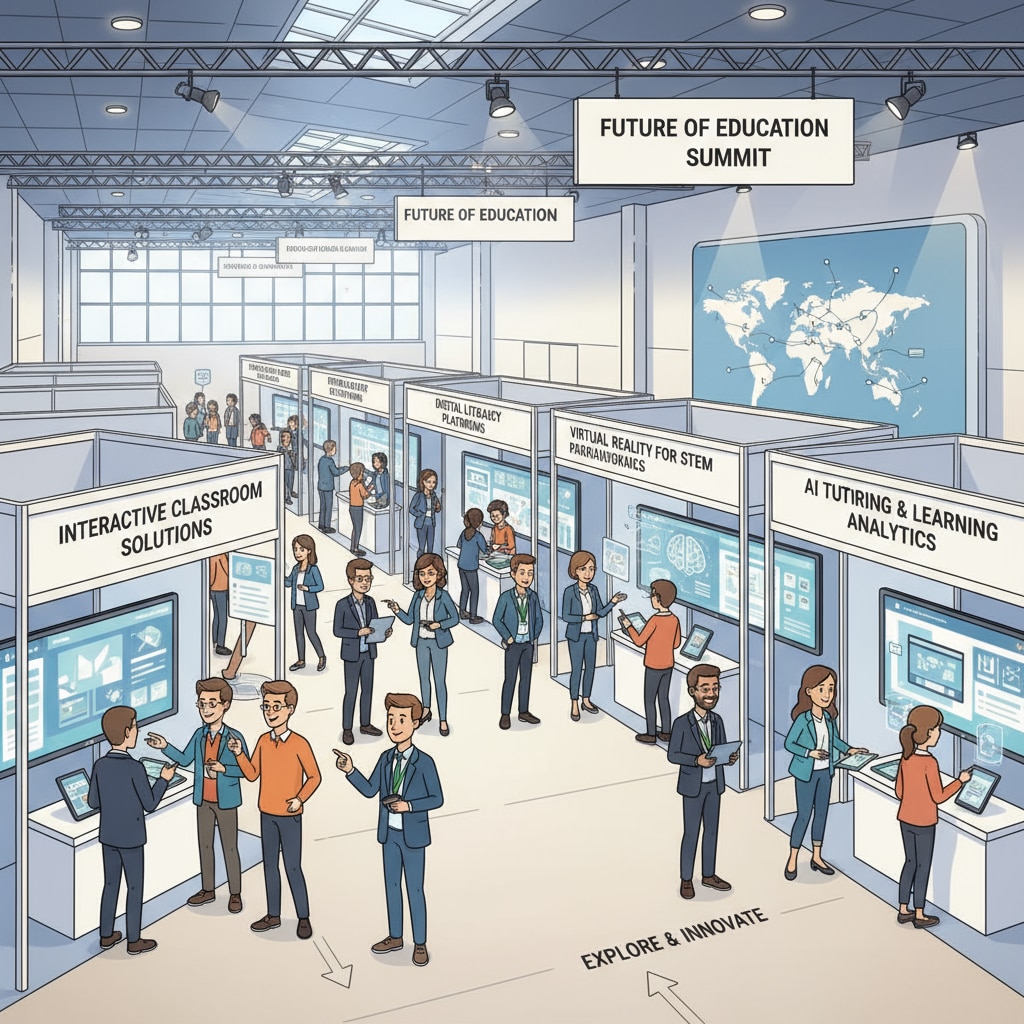 An exhibition hall filled with booths showcasing different educational technology products. There are banners, displays, and representatives interacting with teachers. Educational conference exhibition hall for teachers to explore educational technology tools for professional development