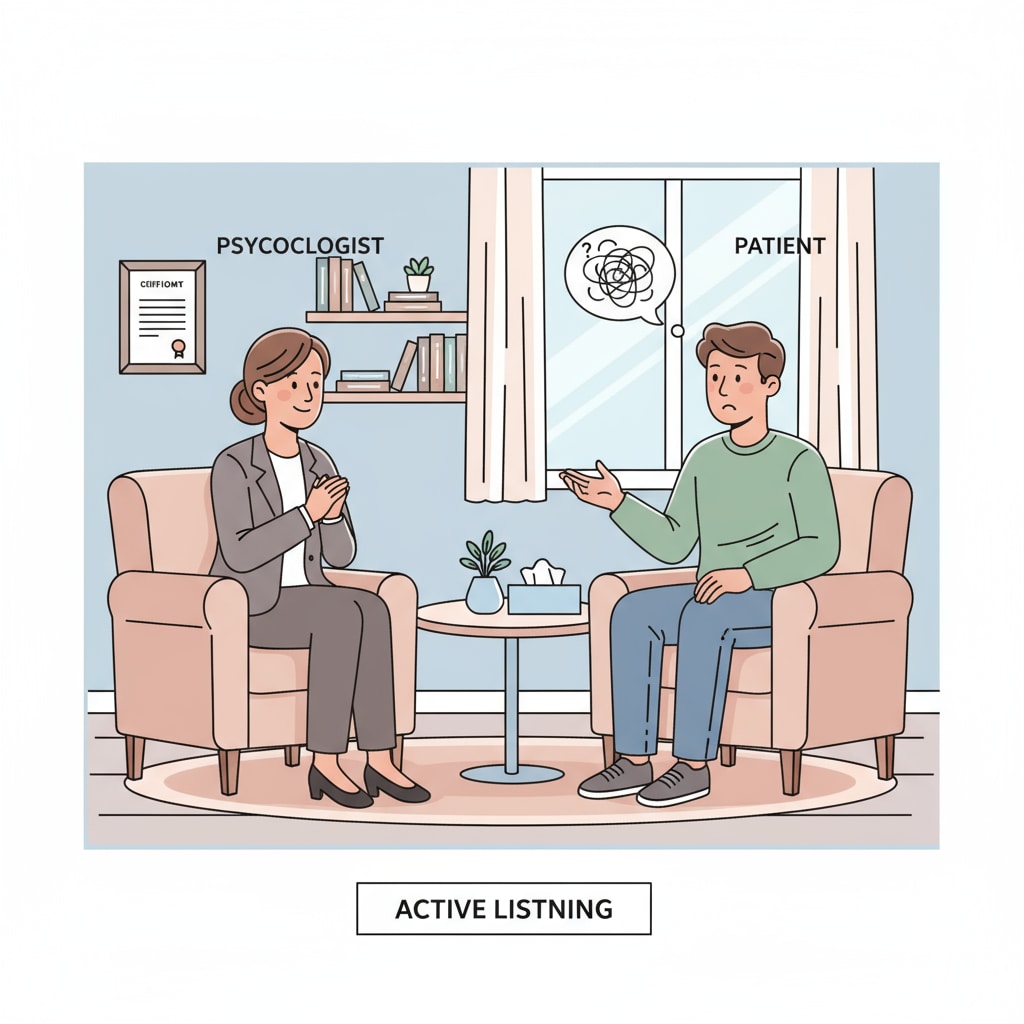 A psychologist is sitting in a counseling room, listening attentively to a patient, showing empathy and professionalism. A high school graduate interested in psychology, envisioning a career in understanding human minds for better employment prospects through higher education.