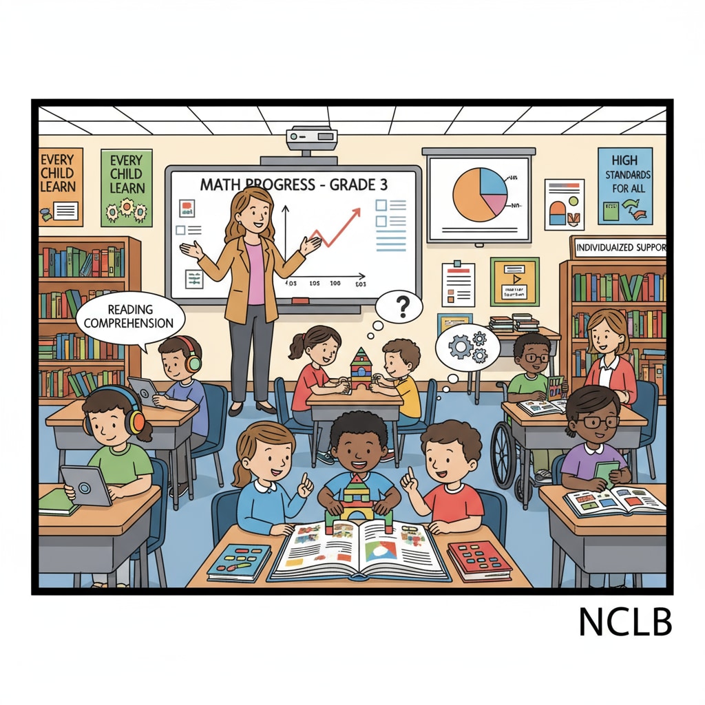 A classroom scene where students are engaged in learning activities influenced by the NCLB Act's requirements. Classroom practices influenced by NCLB Act, education accountability, and educational transformation