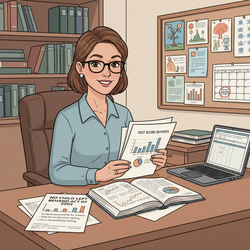 A principal in a school office, looking at test score reports, which is part of the new responsibilities due to the NCLB Act. School leadership changes due to NCLB Act, education accountability, and educational transformation