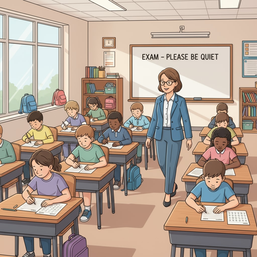 A K12 classroom filled with students taking an exam while an invigilator watches. The invigilator is walking slowly between the desks, observing the students. K12 education exam invigilator at work