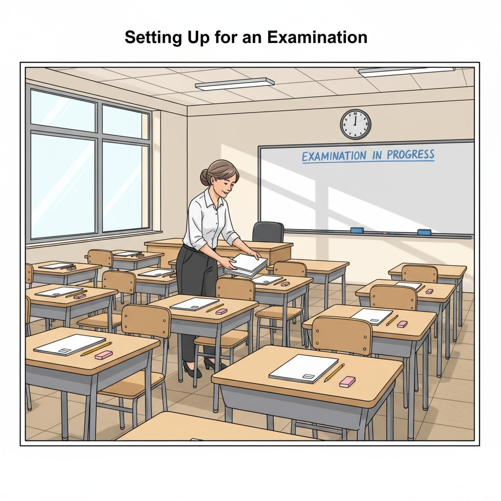 An invigilator arranging exam papers and stationery on desks. The invigilator is carefully placing pencils, erasers, and exam booklets on each desk. K12 exam invigilator preparing for an exam