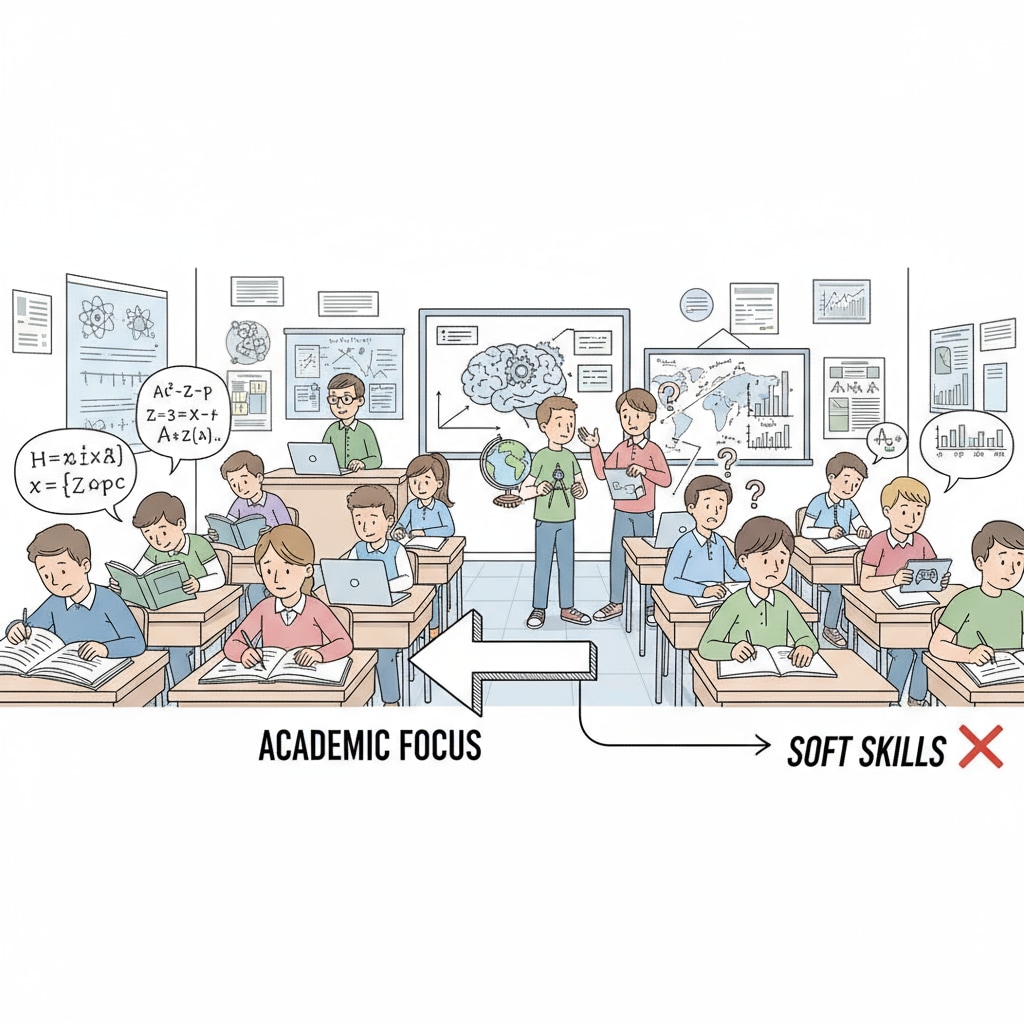 A classroom scene with students engaged in different activities, some focused on textbooks while others are in discussions, showing the current state of secondary education where academic focus sometimes overshadows soft skills development. Students in a secondary education classroom, highlighting the imbalance between academic work and soft skills training.