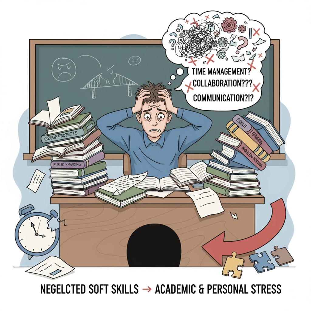 A single student sitting at a desk, looking stressed and overwhelmed, symbolizing the negative consequences of neglecting soft skills in secondary education. A stressed student in a secondary school setting, representing the challenges faced due to lack of soft skills.