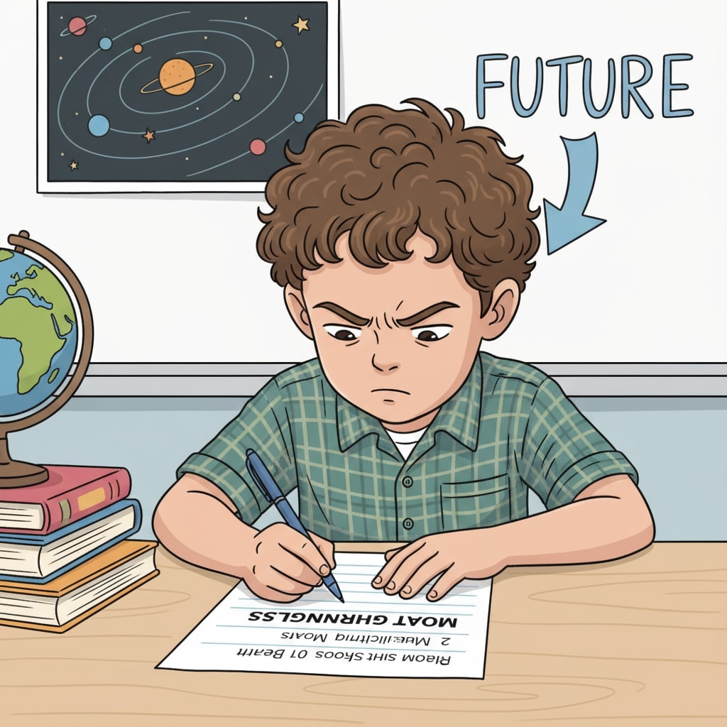 A student is sitting at a desk, writing down their learning goals on a piece of paper, with a pen in hand and a determined expression on their face. A student engaged in setting learning goals, related to ultralearning, deep learning, and self-directed learning