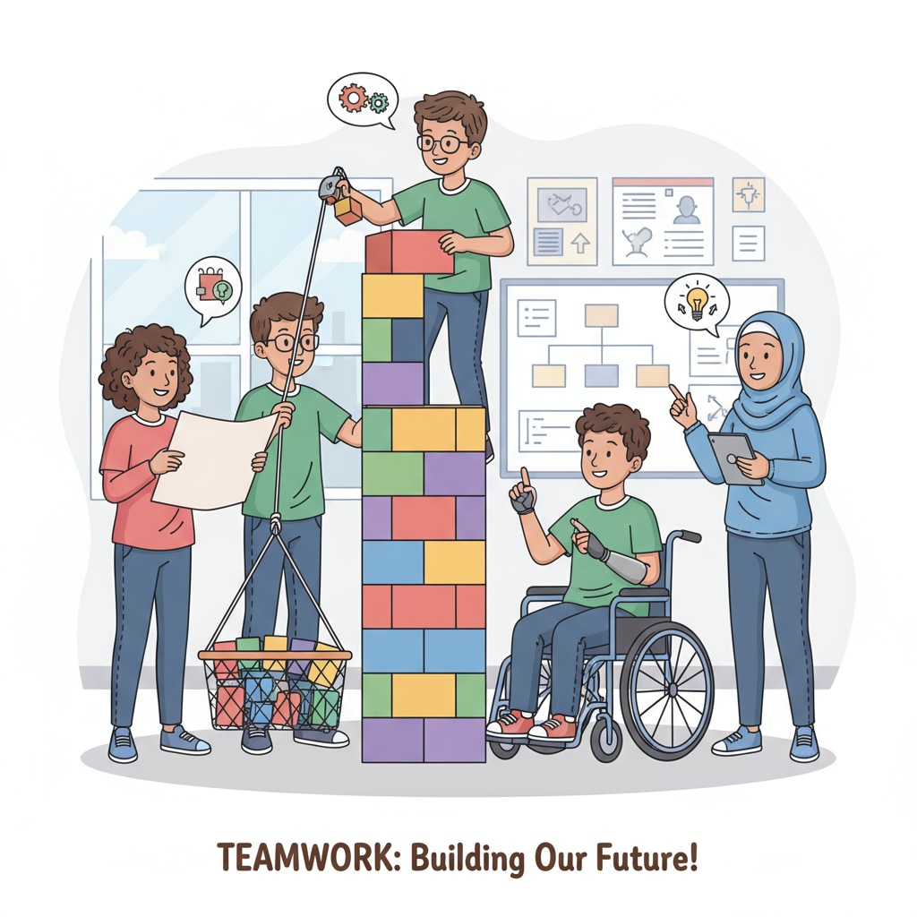 A group of secondary school students are actively engaged in a teamwork activity, collaborating to achieve a common goal. Secondary school students practicing teamwork skills for workplace readiness