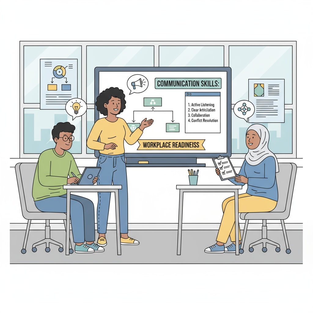 Students are presenting their ideas during a class discussion, demonstrating effective communication skills which are essential for workplace readiness. Students showcasing communication skills in secondary education for workplace preparation