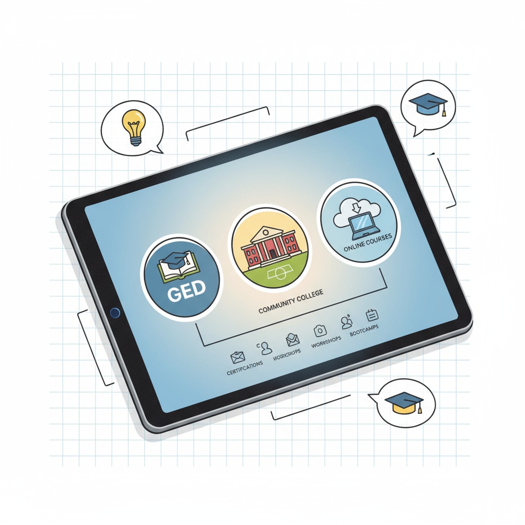 Students are looking at different educational options on a digital screen, with icons representing GED, community college, and online courses. Students exploring education alternatives for engineering and computer science