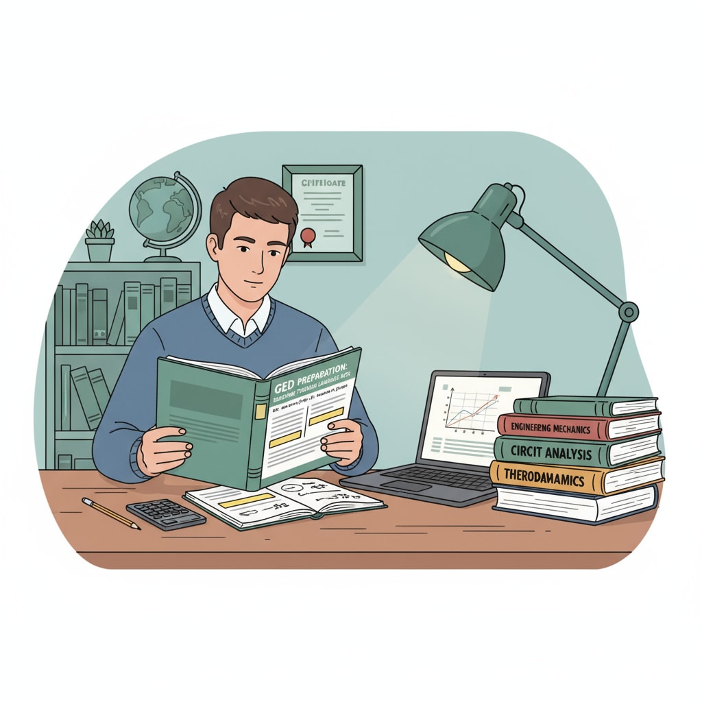 A person is sitting at a desk, studying GED materials with engineering textbooks placed beside. Person studying for GED with engineering - related resources