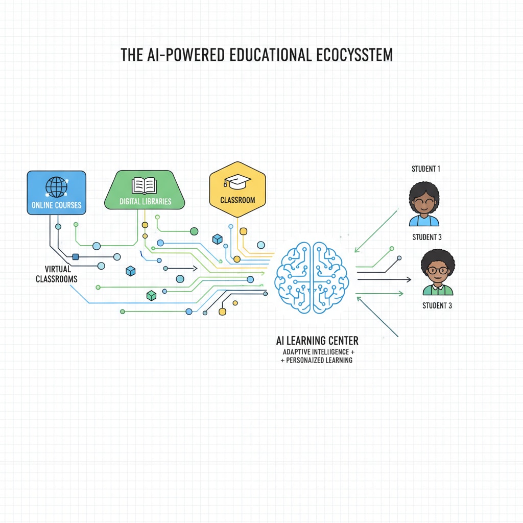 An illustration showing multiple educational platforms with data flowing towards an AI learning center Data flowing from multiple educational platforms to an AI learning center