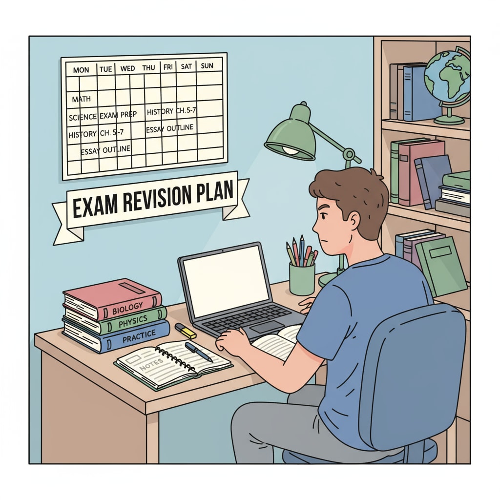A student is sitting at a neatly organized desk. There is a study schedule taped to the wall beside the desk, and textbooks and notebooks are laid out in an orderly manner. The student is looking at the schedule with determination, about to start their exam revision session. A K12 student preparing for exam revision with proper time management