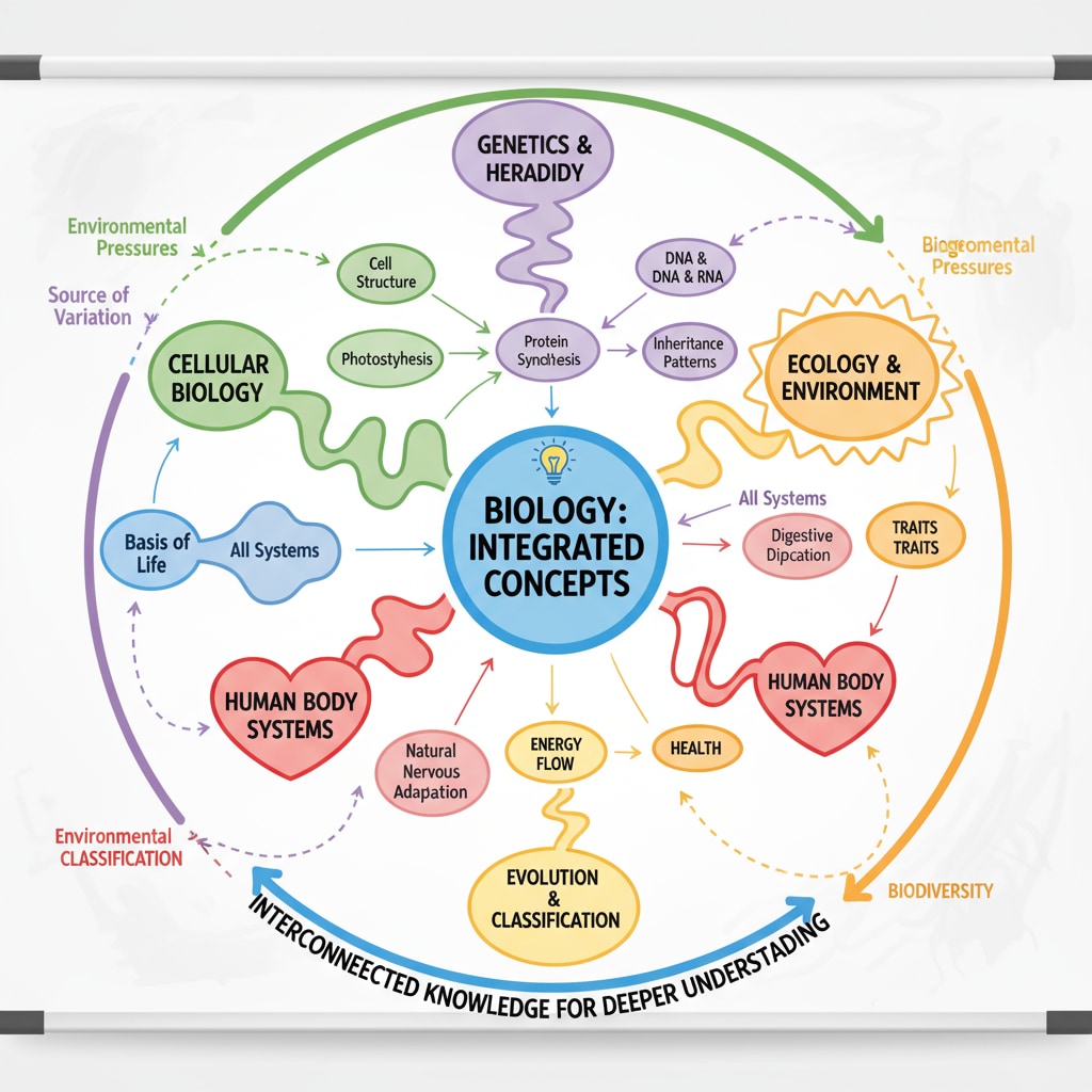 A colorful mind map is displayed on a whiteboard. Different branches of the mind map represent various concepts from a subject. There are arrows connecting different ideas, showing the relationships between them. This visual aid helps students integrate knowledge for better understanding. Knowledge integration through a mind map for academic success