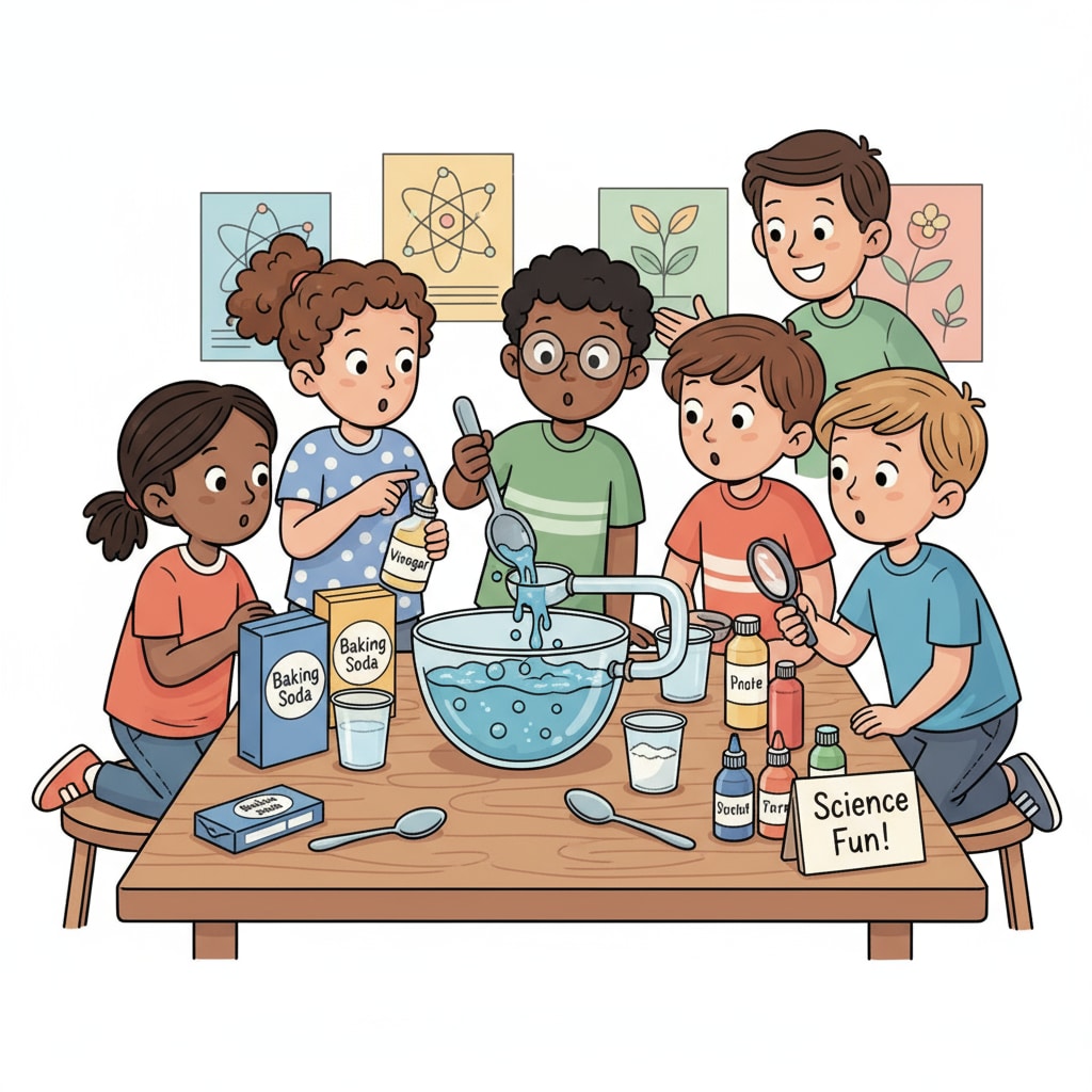 A group of young children are gathered around a table, looking at a setup of a simple science experiment using common household items like cups, spoons, and some basic chemicals. They have curious expressions on their faces as they observe the experiment. Young children observing a simple science experiment related to science fairs, children's experiments, and scientific methods