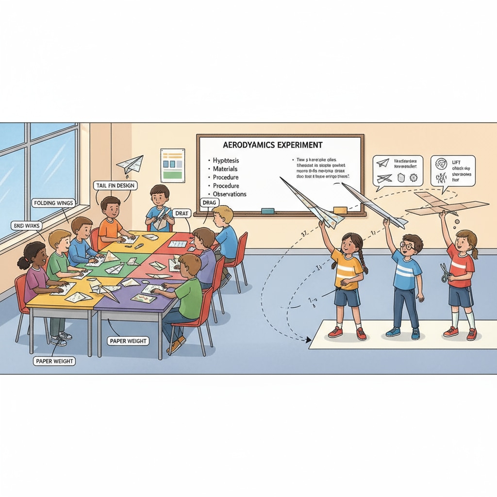 Children are actively involved in making paper airplanes of different shapes and sizes. They are then throwing the paper airplanes and observing how they fly, which is part of a science experiment on aerodynamics. Children conducting a paper airplane experiment for science fairs, related to children's experiments and scientific methods