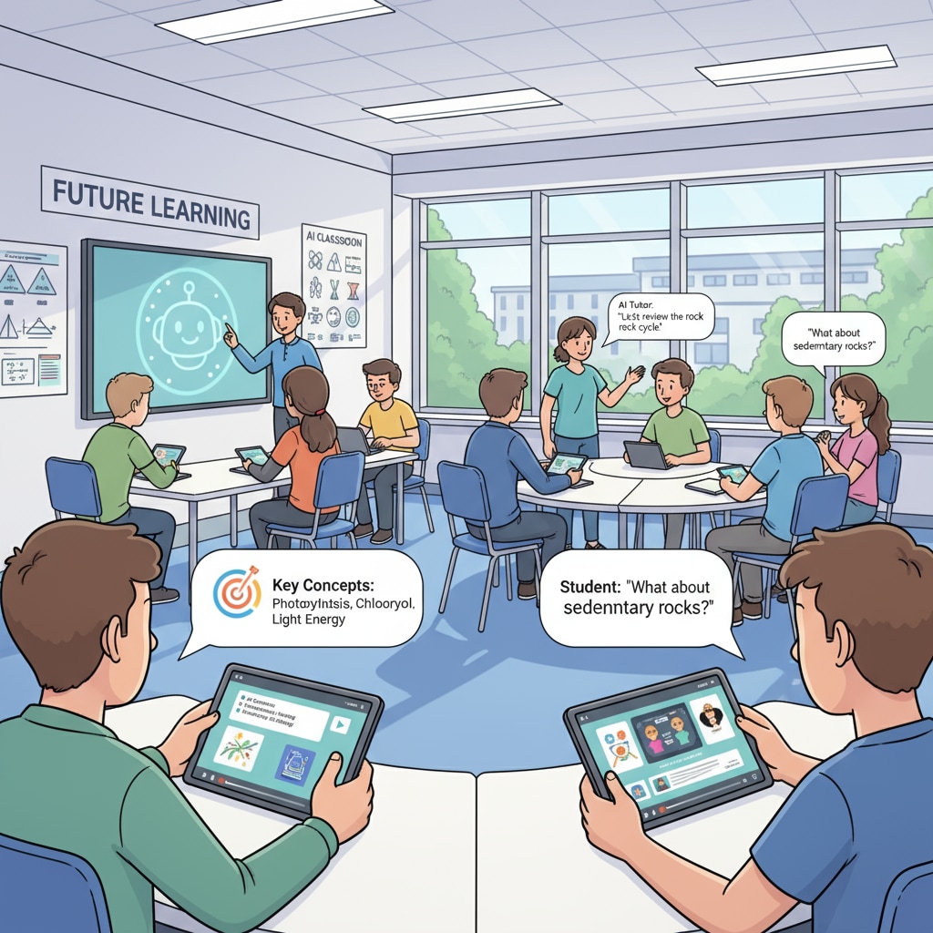 The image shows students using AI-assisted video teaching tools in a classroom setting. Some students are watching videos on tablets with AI-generated summaries displayed, while others are interacting with the AI system for personalized learning. Students using AI-assisted video teaching tools in a classroom for enhanced educational equity
