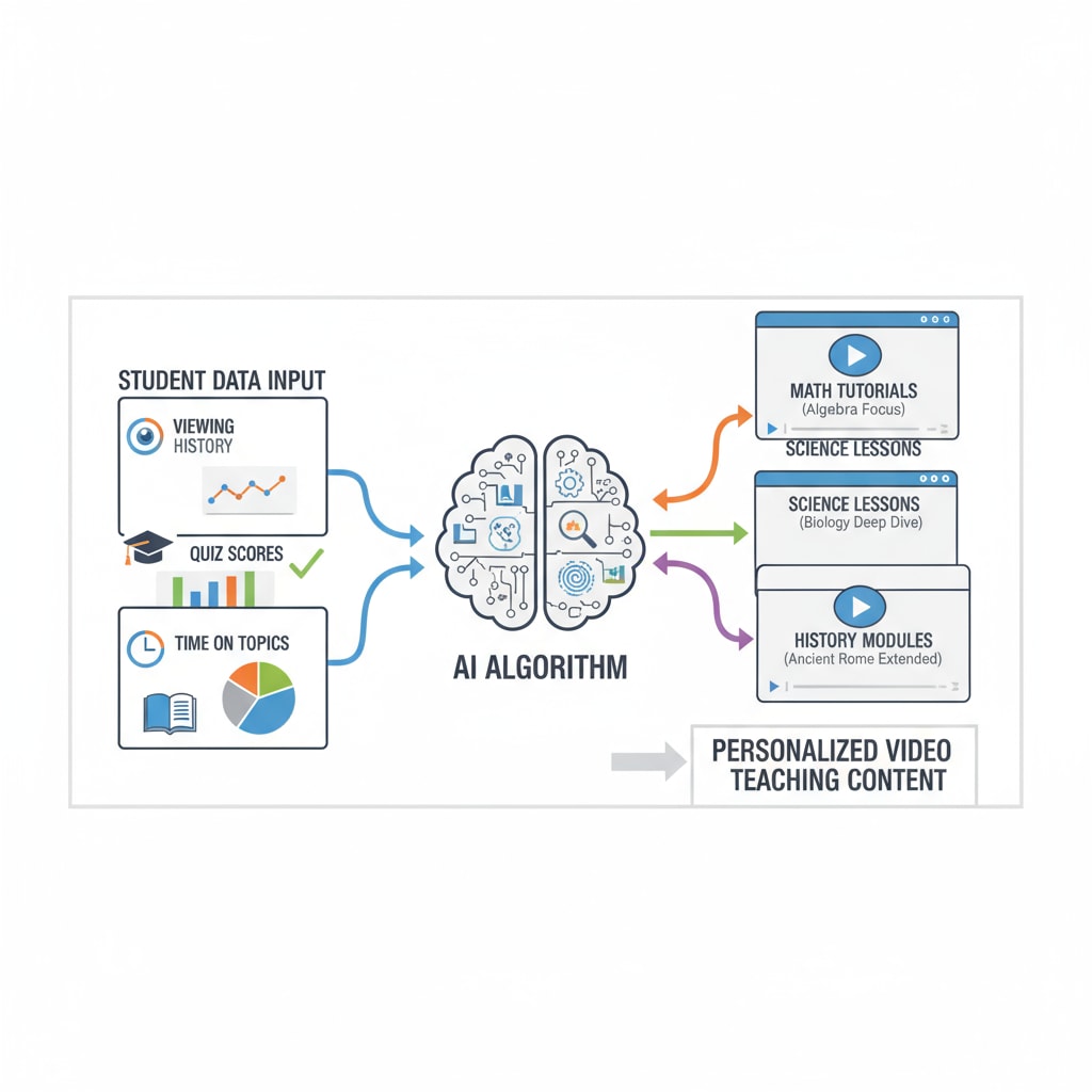 The graphic depicts how AI analyzes student data such as viewing history, quiz scores, and time spent on different topics to personalize video teaching content. It shows data flowing into an AI algorithm and customized learning materials being generated. Graphic showing how AI analyzes student data for personalized video teaching content in the context of educational equity
