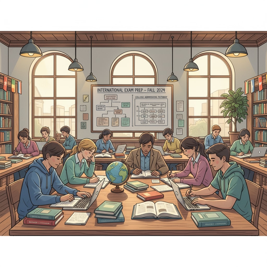 Students are shown studying in a library, focused on preparing for international exams which are crucial for their college applications. Students studying for international exams to boost their college application chances