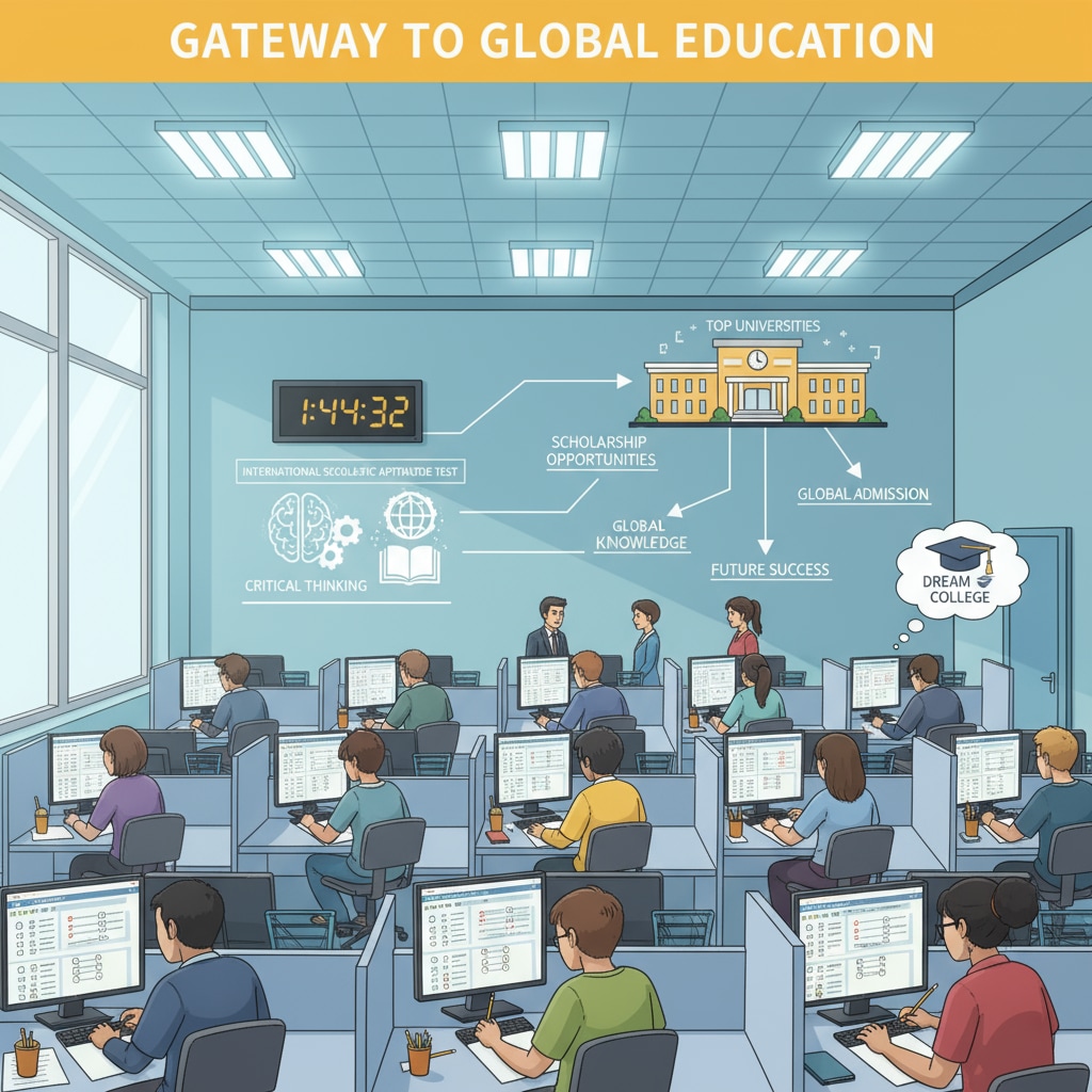 A group of students is taking an international exam in a test center, highlighting the importance of these exams in the college application process. Students taking an international exam relevant to college applications