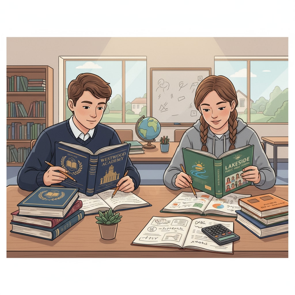 Siblings engaged in study with different school materials, highlighting the educational differences in private and public schools