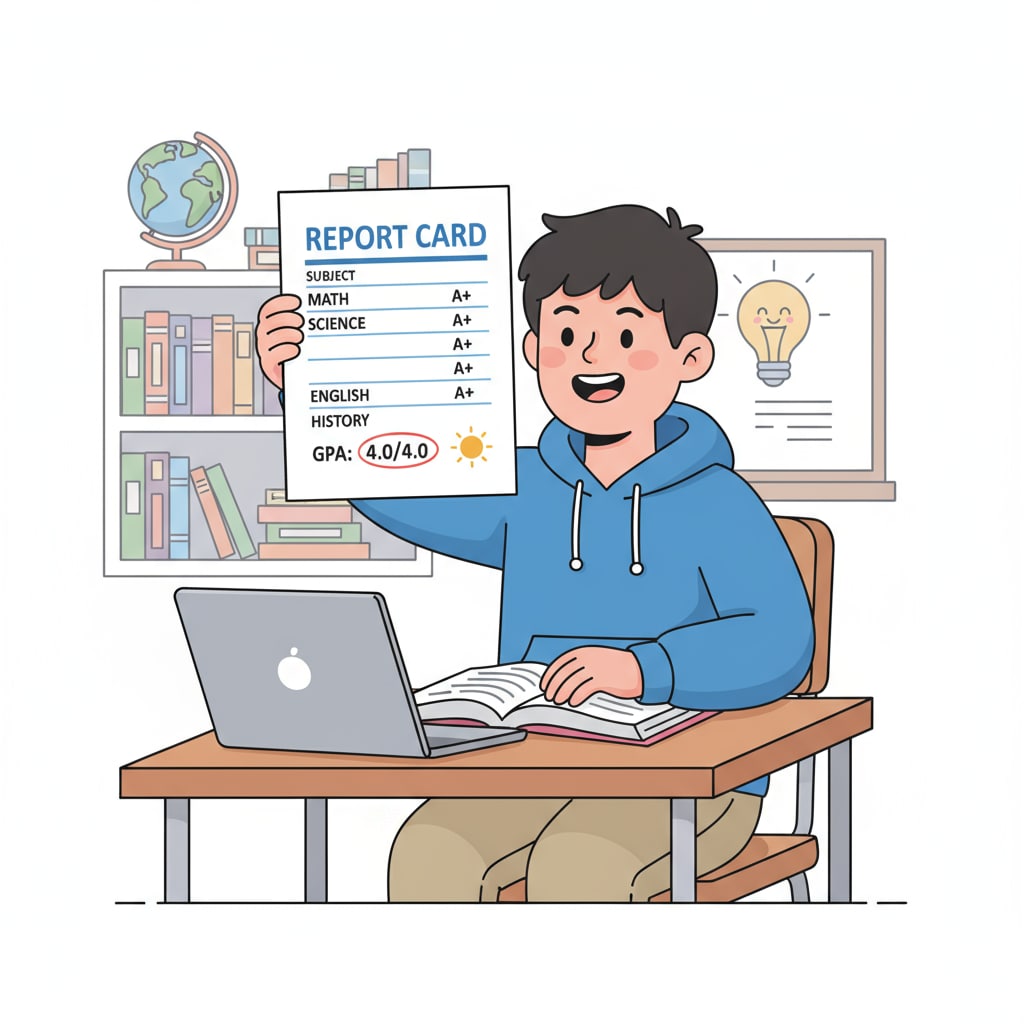 A student looking at a report card with a high GPA score, indicating academic achievement. Student viewing a high GPA report card for scholarship consideration