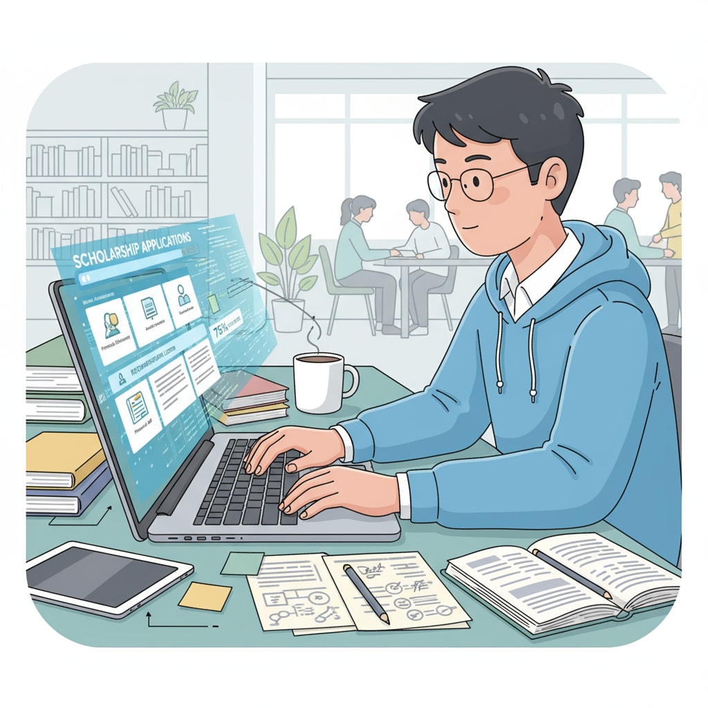 A student working on a computer, demonstrating technical skills relevant to scholarship applications. Student showcasing technical skills for scholarship purposes