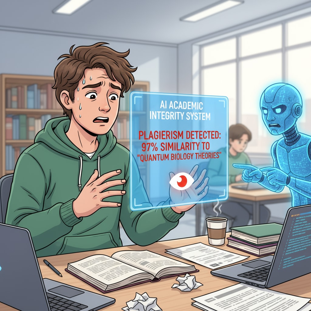 A young student sitting at a desk, looking worried while facing an AI accusation for his thesis A student worried about AI accusations regarding his academic paper