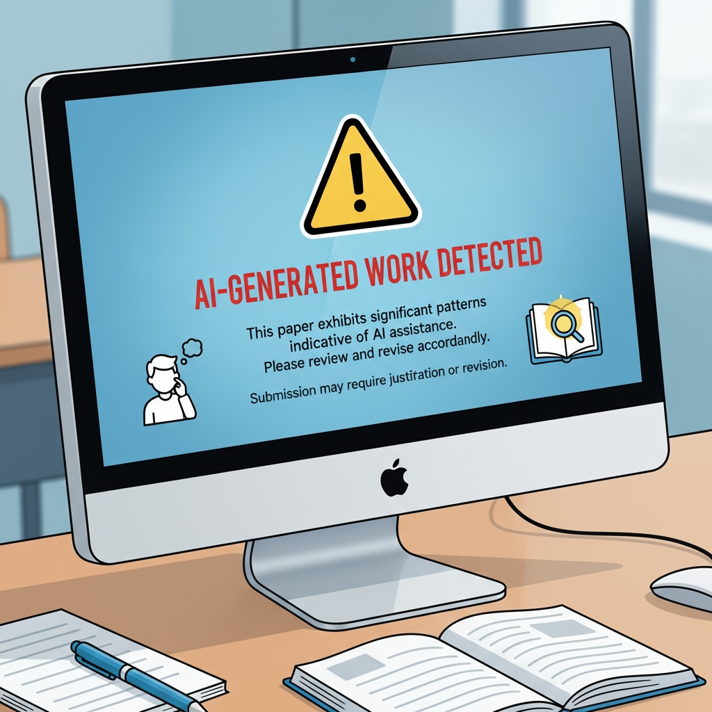A close-up of a computer screen showing the AI-generated work warning for the student's paper Computer screen warning of potential AI-generated work in a student's thesis