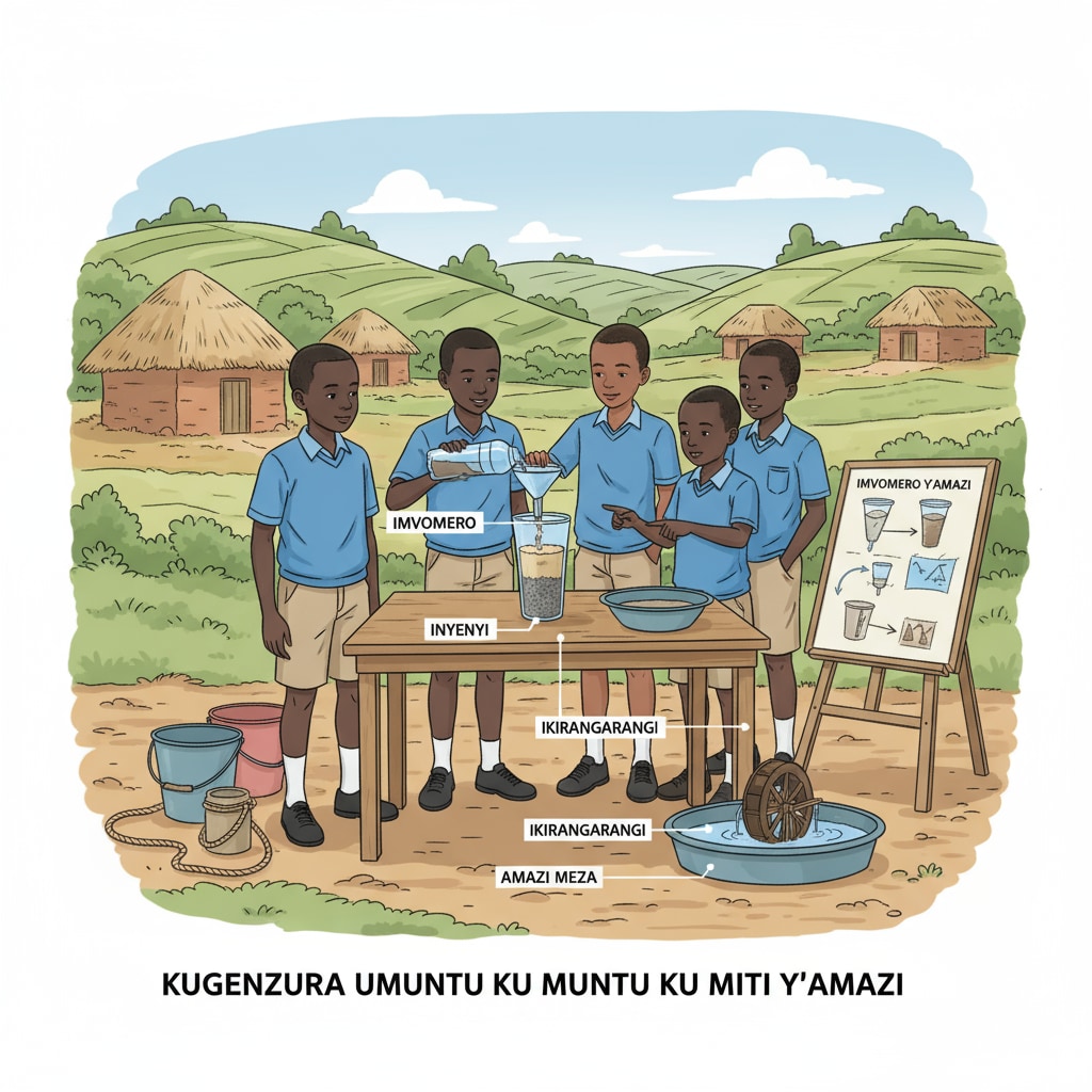 Rural Rwandan students engaged in a water resource STEM experiment