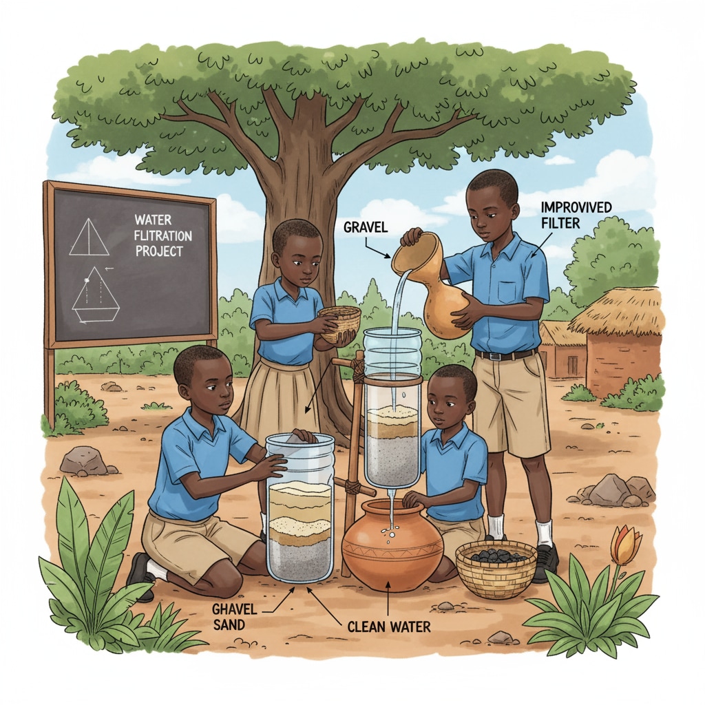 Rural Rwandan students building a water-related device in a STEM project