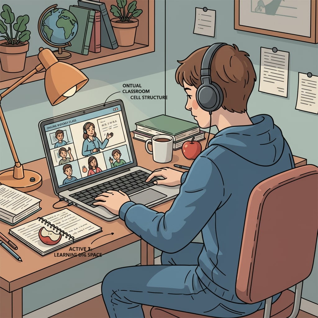 An American teen is sitting in a comfortable study space, concentrating on an online high school class displayed on a laptop screen. The screen shows a virtual classroom with a teacher and other students. American teen engaged in an online high school class for obtaining a diploma recognized by universities while living abroad