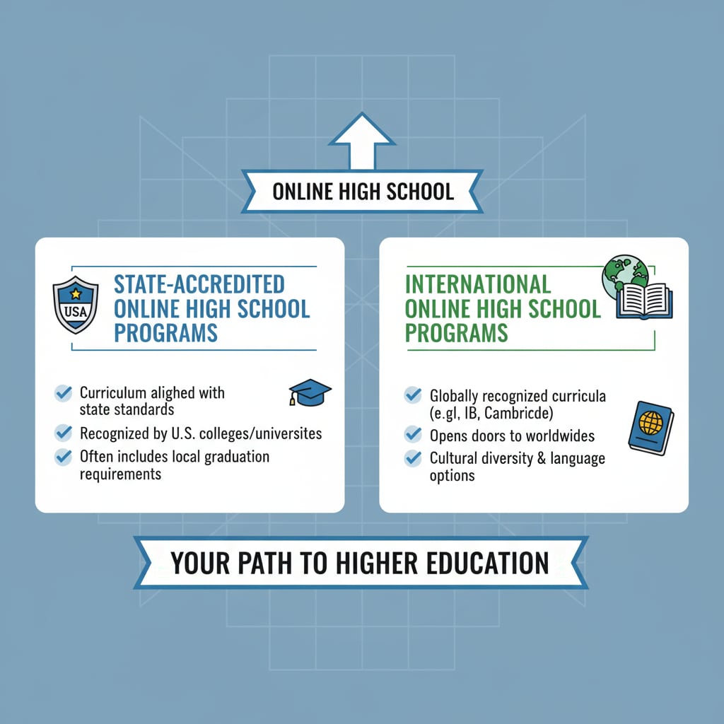 A colorful graphic with different sections representing state-accredited and international online high school programs, highlighting their unique features. Graphic depicting various types of online high school programs for American teens abroad aiming for university-accepted diplomas