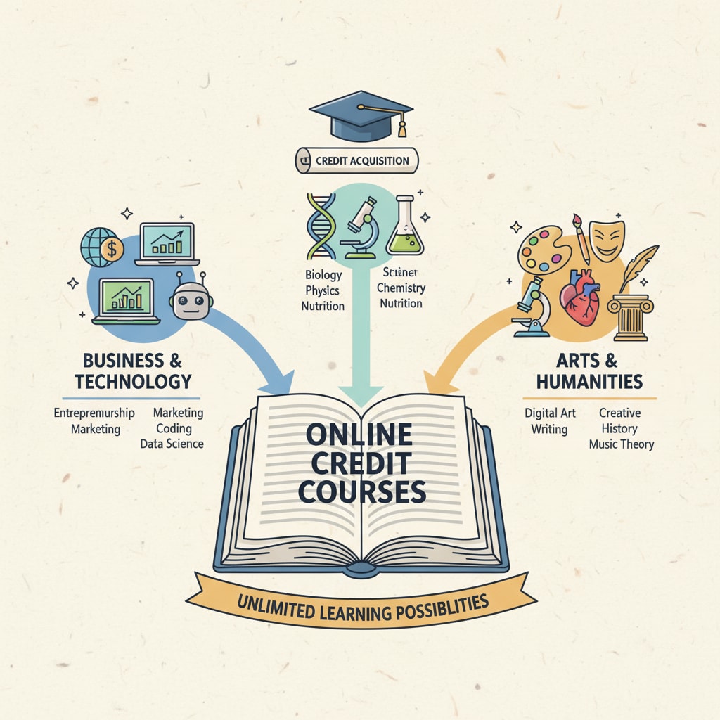 Illustration of various online courses for adult students to obtain credits
