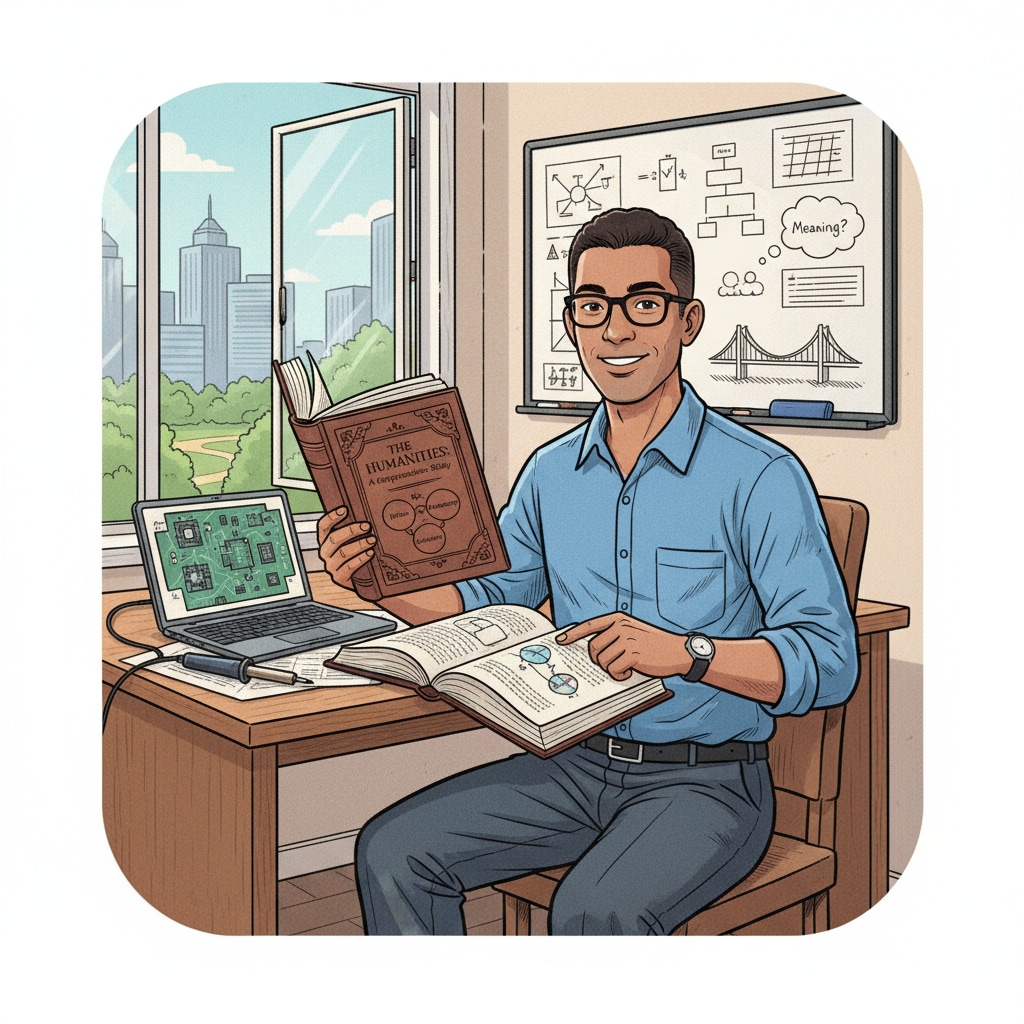 An engineer is sitting at a desk, with a liberal arts book in hand, showing the interest in liberal arts study. Full-time engineer exploring liberal arts education at low cost