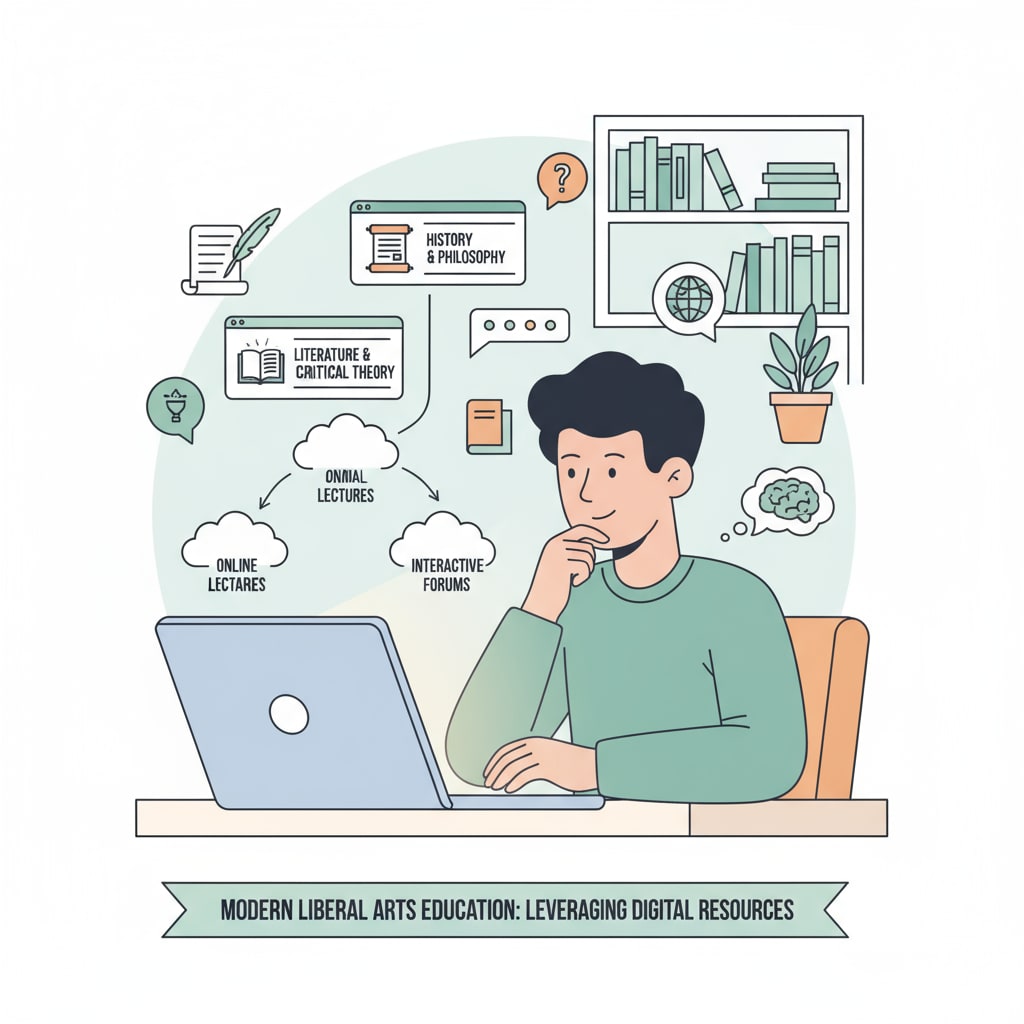 A person is concentrating on studying liberal arts courses on a laptop, depicting the use of online resources for learning. Full-time engineer accessing low-cost liberal arts education online