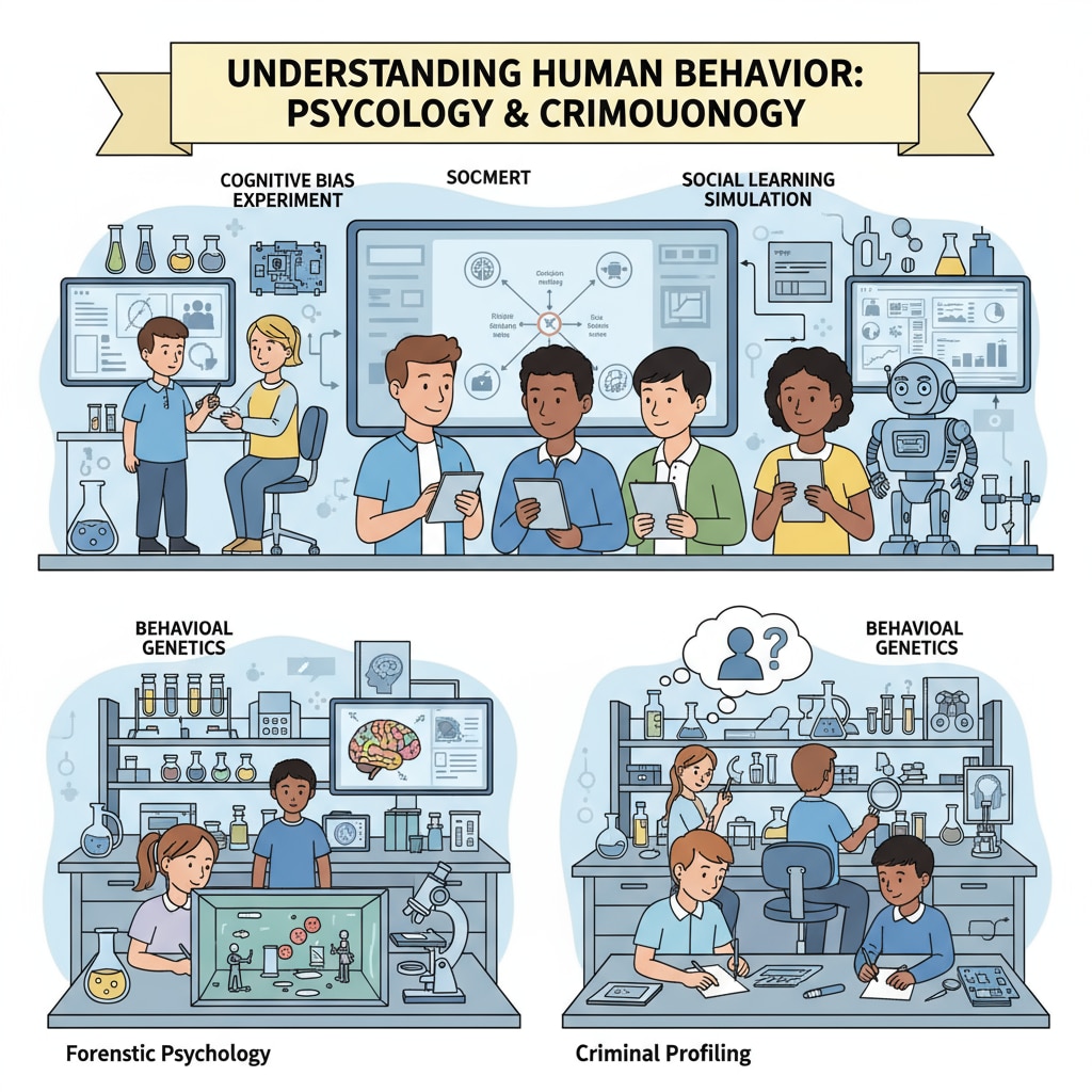 K12 students are in a science laboratory, conducting experiments that are related to understanding human behavior, which is relevant to both psychology and criminology. K12 students in a science lab for human behavior experiments