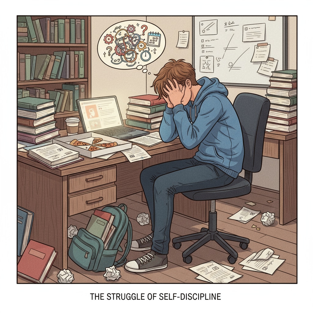 A teen sitting at a messy desk, surrounded by books and papers, looking overwhelmed, symbolizing self-discipline struggles A teen struggling with self-discipline at a messy desk