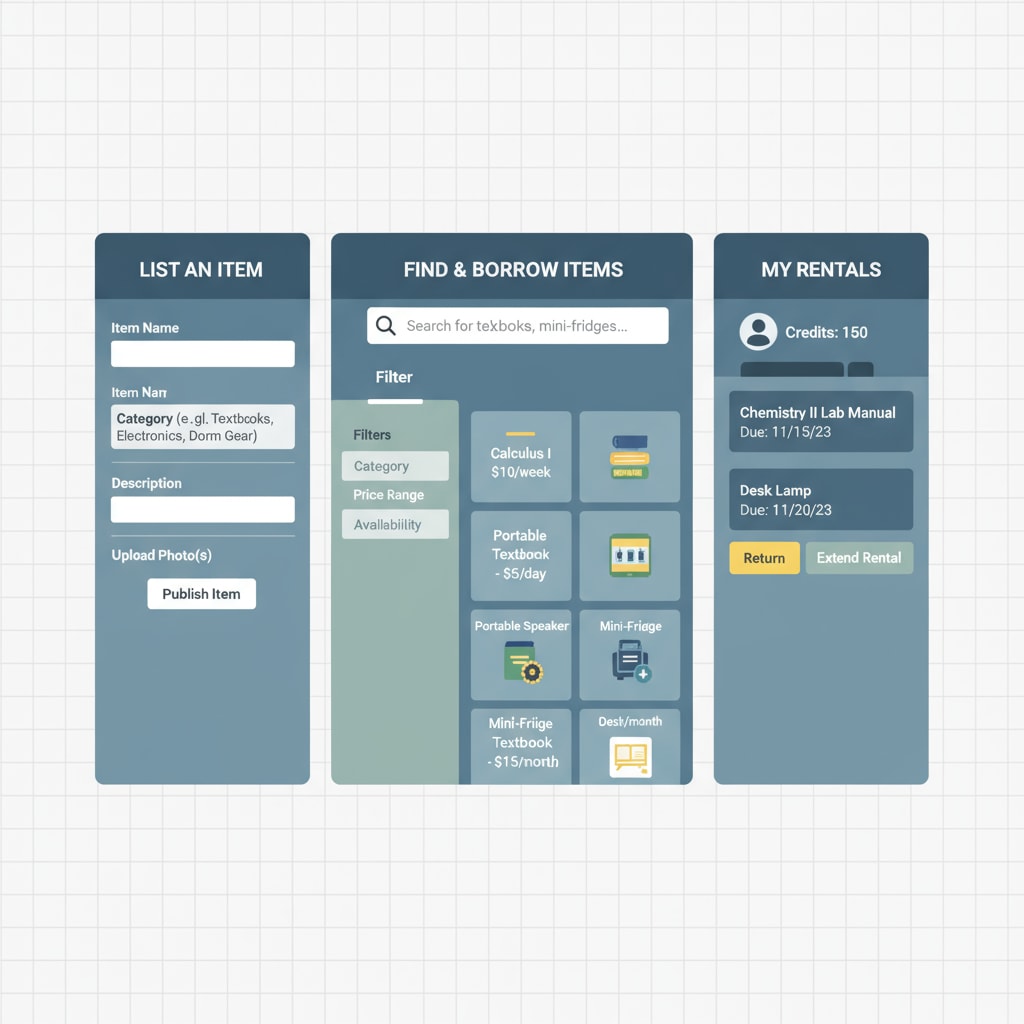 A mock-up screenshot of a user-friendly interface for a student idle item sharing platform, with clear sections for listing, searching, and renting items. User interface of a student idle item sharing and rental platform for K12 students